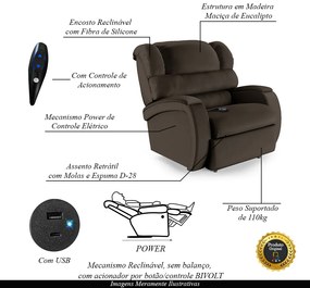Poltrona do Papai Sala de Cinema Reclinável Kylie Controle Power Elétrico USB PU Marrom G23