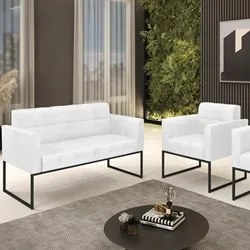 Sofá Namoradeira e 1 Poltrona Base Industrial Preto Ana Sintético PU B