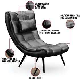 Poltrona Sala Decorativa e 01 Puff Sher Pé Palito Ferro Sintético PU D03 - D'Rossi - Preto