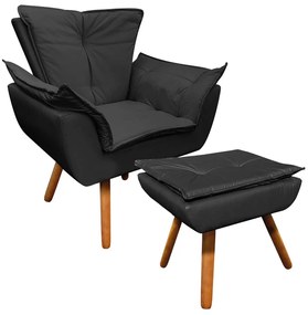 Poltrona e Puff Decorativo Pé Palito de Madeira Opala Corino - Preto