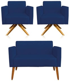 Kit 01 Namoradeira 02 Lugares e 02 Poltronas Marisa Suede Azul Marinho Base Giratória Madeira MA30 D'Rossi
