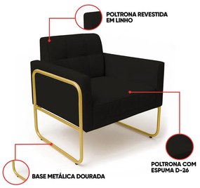 Poltrona Sala Industrial Alta Tubo Dourado Elisa Linho D03 - D'Rossi - Preto