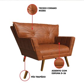 Sofá Namoradeira e Poltrona Pé de Madeira Anitta Sintético PU Nozes D03 - D'Rossi