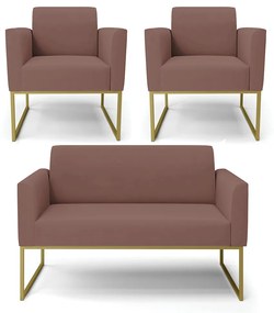 Sofá Namoradeira com 2 Poltronas Base Industrial Dourado Marisa Veludo D03 - DRossi - Rose