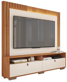 Estante Home Theater 200cm Detalhe Ripado até 70 Puxadores PU Fita LED Blida Freijó/Off White G11 - Gran Belo