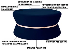 Puff Decorativo Sala de Estar 95cm Dhaka Veludo Azul Marinho G15 - Gran Belo
