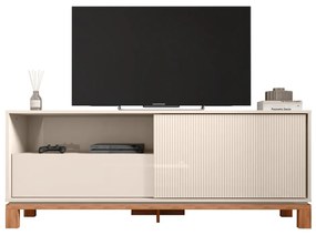 Bancada Átomo 150cm para TV até 55 com Porta de Correr Ripada e Gaveta MDP Off White/Freijo  G11 -  Gran Belo