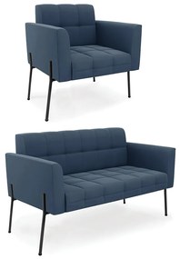 Sofá Namoradeira e Poltrona Pé de Ferro Preto para Sala Elisa Suede D03 - D'Rossi - Azul Marinho