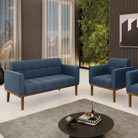 Conjunto Poltrona e Namoradeira Decorativas Karen Pés Fixo em Madeira Castanho Suede Azul Marinho G19 - Gran Belo