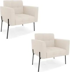 Poltrona Para Sala Pé Metal Preto Kit 2 Ana Linho Bege - Ibiza