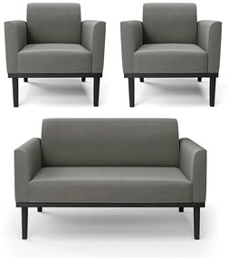 Sofá Namoradeira com 2 Poltronas Base de Madeira Fixa Preto Marisa Suede  D03 - DRossi - Grafite