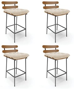 Kit 04 Banquetas Costela Suede Bege Base Metálica Preto - D'Rossi