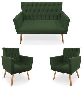 Kit 2 Poltronas 1 Namoradeira Clara Capitonê Pés Palito Suede Verde - Sheep Estofados
