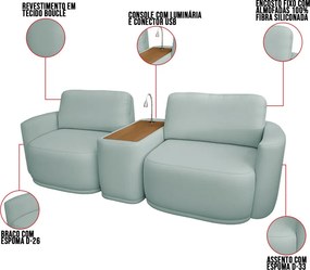Sofá Sala Modulado 231cm com Console USB Luminária Brumma Bouclê K01 - D'Rossi - Azul