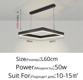 Pendente  Led moderno lustre de teto sala estar concisa pendente lâmpada sala jantar quadrado nordic lâmpadas led teto luzes da sala estar - Black Square 60cm - Brilho regulável