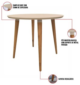 Mesa de Jantar Redonda Ivy 90 cm Off White Pés Retrô Castanho - D'Rossi