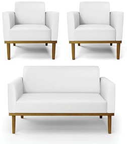 Conjunto 2 Poltronas e 1 Namoradeira Decorativa Isabella Pés Fixo em Madeira Castanho PU Branco G19 - Gran Belo