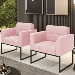 Poltrona Base Industrial Preto Kit 2 Ana Suede Rosa Bebê - Ibiza