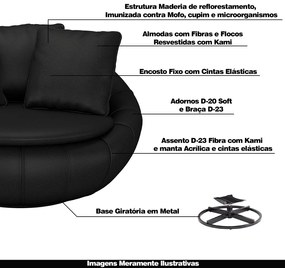 Poltrona Decorativa Giratória Sala de Estar Afrodite PU Preto G45 - Gran Belo