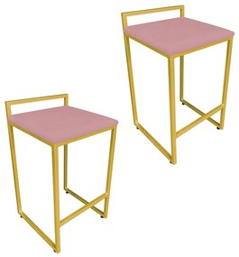 Conjunto 02 Banqueta Alta Industrial Pietra Suede Rose Base Dourado D'Rossi