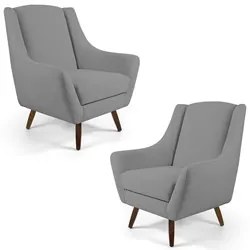 Kit 02 Poltronas Decorativas Juliet Pés de Madeira C-416 Linho Cinza E