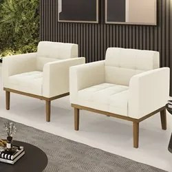 Poltrona Base Madeira Castanho Kit 2 Ana Veludo Bege - Ibiza