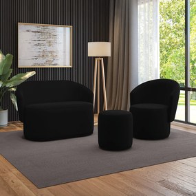 Sofá Namoradeira com Poltrona e Puff Orgânico Sala Malu Suede M11 - D'Rossi - Preto