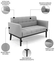 Sofá Namoradeira e 2 Poltronas Base Madeira Preto Ana Suede Cinza - Ib