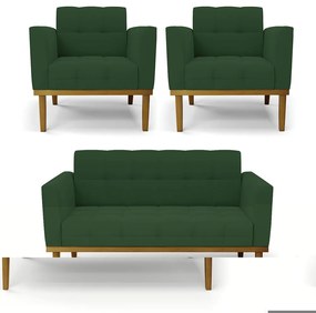 Conjunto 2 Poltronas e 1 Namoradeira Decorativa Karen Pés Fixo em Madeira Castanho Veludo Verde Esmeralda G19 - Gran Belo
