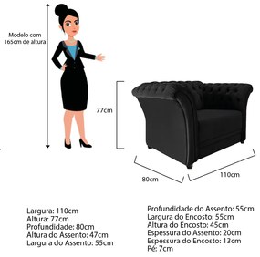 Poltrona Decorativa Chesterfield Sofia Suede Preto - ADJ Decor