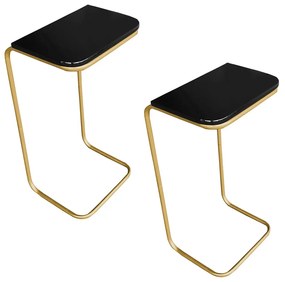 Kit 02 Mesas Lateral Tampo Preto Multiuso para Sofá Base Metálica D'Rossi - Dourado