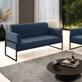 Sofá Namoradeira Base Industrial Alta Preto Marisa Suede D03 - D'Rossi - Azul Marinho