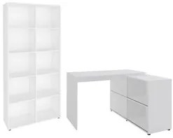 Mesa Escrivaninha em L Link e Estante Livreiro 90x187cm Lean A06 Branc