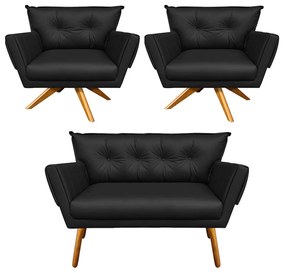 Kit 01 Namoradeira E 02 Poltronas Giratória Anitta Corino Base Madeira MA30 D03 - D'Rossi - Preto