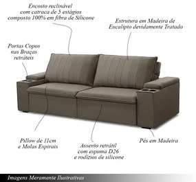 Sofá Retrátil e Reclinável 2 Lugares 205CM Kent Porta Copos no Braço Veludo Castor G22 - Gran Belo