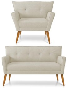 Kit 01 Namoradeira 02 Lugares e 01 Poltrona Anitta com Strass Linho Bege A19 Pés Palito Castanho - DRossi