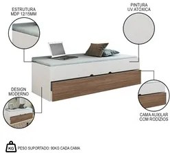 Bicama Solteiro Cama Auxiliar 100% MDP Chiara Carvalho/Branco - Phoeni