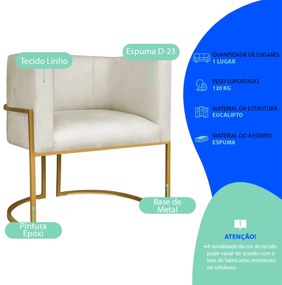 Kit 2 Poltronas Dália Luxo Moderna Estofada Design Sofisticado com Base de Ferro Dourado Linho