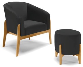 Poltrona com Puff Base de Madeira Stella Sintético D03 - D'Rossi - Preto
