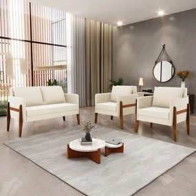 Kit 1 Sofá Namoradeira e 2 Poltronas Lana Veludo Bege Base de Madeira
