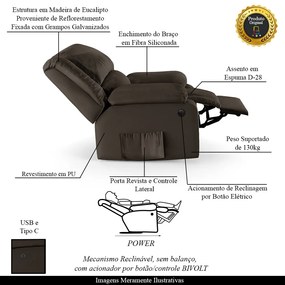 Poltrona do Papai Reclinável Sala de Cinema Madrid Power Elétrica USB PU Marrom  G23