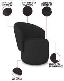 Sofá Namoradeira e 2 Poltronas Orgânica para Sala Malu Sintético M11 - D'Rossi - Preto