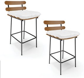 Kit 02 Banquetas Costela Corino Branco Base Metálica Preto - D'Rossi