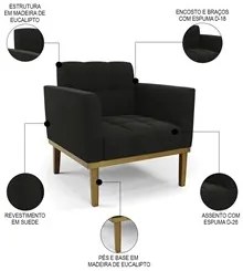 Sofá Namoradeira e 2 Poltronas Base Madeira Castanho Ana Suede Preto -