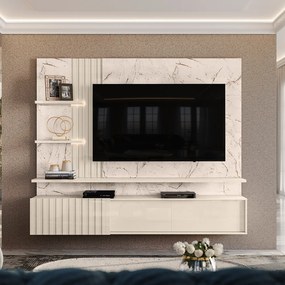 Painel TV 65 Pol 200cm Bancada Suspensa Ripado Mirellin M20 - D'Rossi - Calacata e Off White