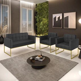 Kit 1 Sofá Namoradeira e 2 Poltronas Elisa Corino Preto Base Metálica Industrial Dourado - D'Rossi