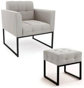 Poltrona Sala e Puff Decorativo Industrial Elisa Veludo D03 - D'Rossi - Cinza