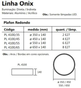 Plafon De Sobrepor Redondo Onix Ø55X14Cm 6Xe27 Aro Recuado / Metal E A... (ESC-V - Escovado)