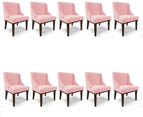 Kit 10 Cadeiras de Jantar Liz Suede Rosa Bebê Base Fixa Madeira Tabaco D03 - D'Rossi