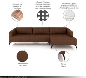 Sofá Bipartido Sala de Estar Kiara 312cm Chaise Direito Pés de Ferro Couro Caramelo Manchado G52 - Gran Belo